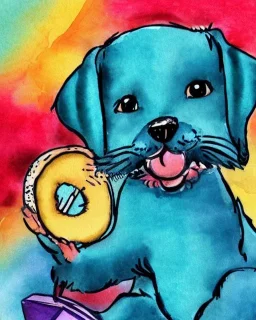 cute puppy eating cheese, art deco, romanticism, watercolor, visual novel, cheerful, furry, sleepy, rembrandt lighting, colorful lighting, blue, teal, aqua, red, purple, yellow, black, detailed, masterpiece