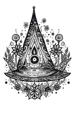 A pointed witch's hat with a wide brim adorned with stars and moons, white background, only use outline black thick outline, mandala style, no shadow, clear line art
