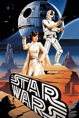 retro futurist movie poster for Star Wars episode 4 featuring luke and leia on top of a stone shaped as "STAR WARS" death star vin background, r2-d2 and C3PO behind to the right