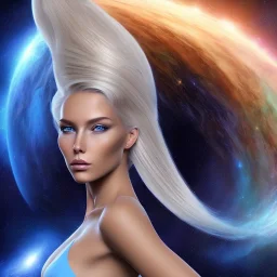 A beautiful portrait of a galactic woman blonde hair in a galactic suit in cosmos blue