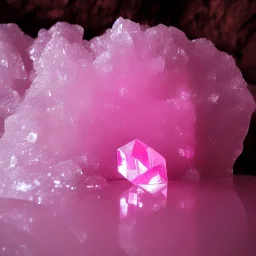 single pink crystal, on an altar in a foggy cave