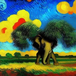 Dibujo al oleo de un elefante indio pintado con muchas nubes de colores ,árboles baobab gigantes, estilo Vincent van Gogh 8k