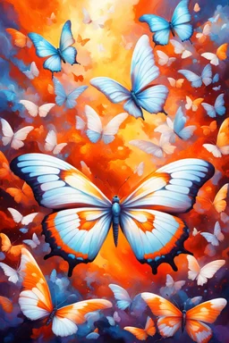 vibrant psychedelic oil painting image, airbrush, 64k, cartoon art image of background ORANGE and WHITE BUTTERFLIES , futurism style