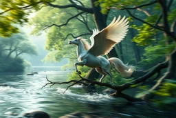 oil painting ,motion blur Forgotten Realms above water and along winding branches in lush green forest , speeding pegasi, bokeh like f/0.8, tilt-shift lens 8k, high detail, smooth render, down-light, unreal engine, prize winning