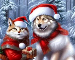 Christmas Wolf and Cat