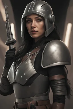 Beautiful 30 year old Mexican woman, wearing mandalorian style armor, Black hair shoulder length, grey eyes, space cantina background, rim lighting, fantasy concept art,