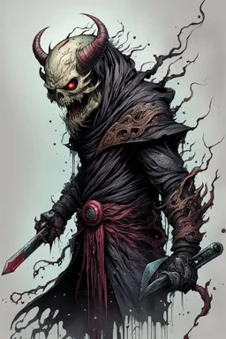 highly detailed full color, concept illustration of an ancient wraith anti hero character , maximalist, sharp focus, highest resolution, in the styles of Alex Pardee, Denis Forkas , and Masahiro Ito, boldly inked, 8k, coarse, gritty textures