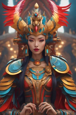 cyber hornbill bird robot woman Indonesia ((masterpiece)), (beauty:1.3), iconic asp headpiece, UHD, 64K, hyperrealistic, vivid colors, , 8K resolution, throne room background with hieroglyphics, HDR depth, ultra detail, commanding regal aura, real photo