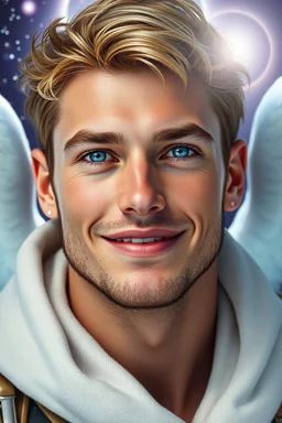 cosmic beautiful futuristic angelic man , with blue eyes and sweety smile