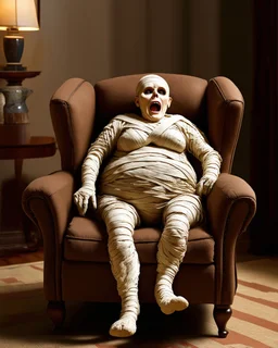 a chubby decrepit realistic mummy leaned over in a brown chair, mouth open