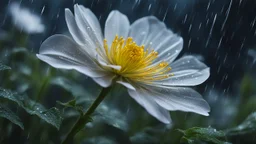 close-up of a fragile flower in a storm. in flower forest at night, perfect composition, hyperrealistic, super detailed, 8k, high quality, trending art, trending on artstation, sharp focus, studio photo, intricate details, highly detailed