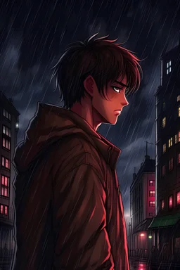 Eren Jager watching up on a rainy night in the city