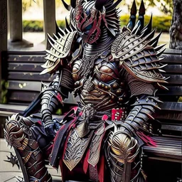 a statue of a warrior sitting on a bench, intricate armour costumes, samurai armor, cyber japan samurai armor, full samurai armor spiderman, dressed in samurai armour, demon samurai warrior, cyborg samurai, samurai deity with koi armor, demon samurai, demonic dragon inspired armor, ornate cosplay, intricate ornate armor, wearing samurai armor, intricate detailed armour, dragon inspired armor