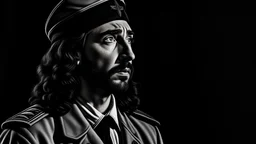 Jesus in a Nazi uniform , 4k, sharp edges ,Chiaroscuro, hyper realism, realistic, highly detailed, high contrast black and white, sharp