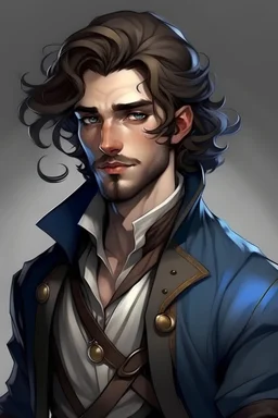 Fantasy human male in his late 20s with shoulder-length curly brown hair, wide set blue eyes, a stubble and a slight mustache. Thick eyebrows and a slightly broken nose. Wears stylish thief clothes, kind of a rogue sort.