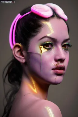 Realistic image, Rosalía artist, portrait, waist up portrait, long black eye line, sweet, gold and pink geisha style, spray glow make up, led lights, neon, led piercing nose, led ornament, fog, bubble latex coat, vibrant color, highly detailed, art stations, concept art, smooth, unreal engine 5, god rays, ray tracing, RTX, lumen lighting, ultra detail, volumetric lighting, 3d, finely drawn, high definition, high resolution.