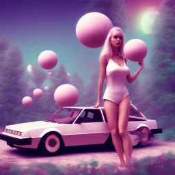 1980's aesthetic vaporwave wood trees with spheres and car clasic and sexy girl