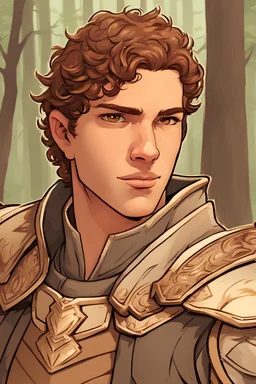 Generate a dungeons and dragons character face only portrait of a handsome male paladin aasimar. He has light brown skin. He has short curly brown hair. He has brown eyes. He has a youthful face. He is in a camp that's lit by campfire and is in a forest.