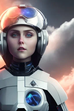 Black intergalactic pilot AnnaSophia Robb, portrait, bright white eyes, wearing high tech pilot helmet, beautiful face, white smoke, dark, rage, sorrow, high definition, ultra 8 k, volumetric lighting, blue fire, fog