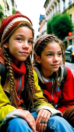 iki kız beraber sokakta oturuyorlar yaşları daha büyük liseliler daha renkli kızlardan birinin saçı kabarık diğerininki ise biraz uzun ve örgülü yaşları biraz daha büyük kıyafetleri değiştir pozları değiştir