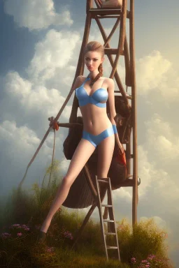 dressed woman on the ladder above clouds