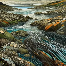 Pacific coastal tidal pools. Modifiers: fantastic view Ivan Bilibin patchwork minimalism Igor Dubovoy Yossi Kotler deeply saturated colour Alice Bailly Dramatic light and shadows mercury glass patina Svetlana Gadjieva Dark metallic tones, burnished patina clearly outlined linear forms with graceful curves Sweeping lines, bold shapes, abstracted v