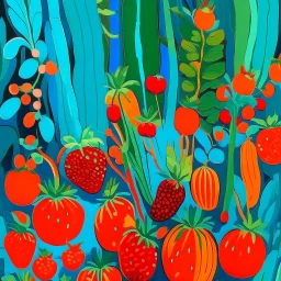A cyan garden with strawberries and carrots designed in Navajo woven art painted by Clyfford stiil