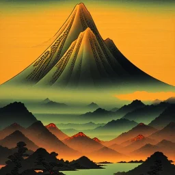 Ukiyo-e painting of a mountain at sunset