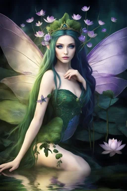 Dark green, tiara, purple hair, dark , fairy,nymph saphire, blue, emerald,rapunzel hair ,enchanted green,,purpleydragonfly,elven crown, gothic,water lilies, lotus,pond,amethyst