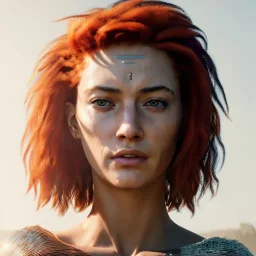 A beautiful portrait of a cyberpunk woman with lot's of grain on her skin red head with natural hair floating in the wind cyborg smiling facing camera orange color scheme, high key lighting, volumetric light high details with white stripes and feathers unreal 5, octane render, cinema4d, dynamic lighting, dramatic lighting, 4k, redshift render, highly detailed, hyper realistic