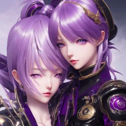 Detailed cute anime girl, purple hair buns, purple bangs, black latex bodysuit, intricate details, full body portrait, keep head in frame, slight smile, black Japanese motif, concept art, highly detailed, digital painting, concept art, sharp focus, illustration, art by Yoji Shinkawa, WLOP and greg rutkowski and alphonse mucha and artgerm and yanjun Chen and Junji ito and Makoto Shinkai, HDR, octane render