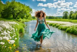 shot from front ,green field and wild flower field ,beautiful girl in pretty dress curly hair walking in water toward camera in trees next to wavy river with clear water and nice sands in floor.camera capture from her full body front, spring blosom walking to camera ,wild flowers moving in the wind ,blue sky,moving pretty clouds ,joy full facet.