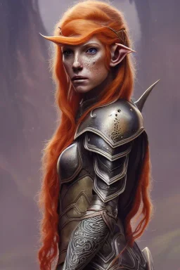 portrait painting of an elven young woman with short light orange hair and freckles and tree tattoos on his cheekbones light armor, full body, ultra realistic, concept art, intricate details, eerie, highly detailed, photorealistic, octane render, 8 k, unreal engine. art by artgerm and greg rutkowski and charlie bowater and magali villeneuve and alphonse mucha