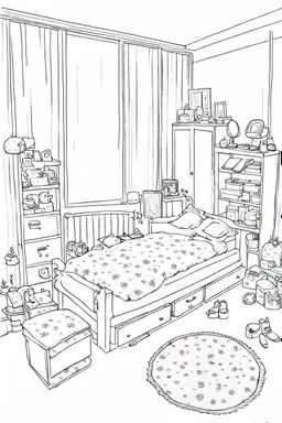 girl bedroom, many objects, line arts, manga style