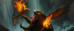 octopus bird witch bear by waterfall looks beyond really powerful slapping a bird in the face with fire, fantasy illustration, in the style of Rembrandt