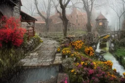 medieval village, ornate, beautiful, atmosphere, vibe, mist, smoke, chimney, rain, well, wet, pristine, puddles, red and yellow flowers, waterfall, melting, dripping, snow, creek, lush, ice, bridge, cart, orange, green, stained glass, forest, flowers, concept art illustration, color page, oil painting, trending on artstation