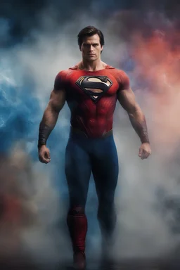 Christopher Reeve/Henry Cavill/David Corenswet ((Superman)), new 52, extremely huge, overexaggerated muscles, posing and flexing in a front of the camera, random extreme action poses, an extremely colorful, multicolored foggy blue marble wall in the background with a colorful marble tile floor, multicolored lightning, realism engine,