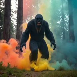 Scary big foot standing with multicolored smoke and large trees in the background