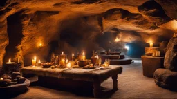 204, Inside a luxury ancient Neanderthal cave dwelling underground, beautiful furs, stone furniture, oil lamps, food and drink, primitive affluence, chiaroscuro, color, award-winning colour photograph, beautiful composition, detailed, realistic, confident beauty, strange