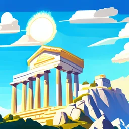 mount olympus from the greek mythology. view from below. temples high up on the mountain. Illustration. Cloudy. Sun behind the temple of Zeus.