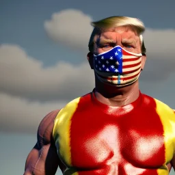 Realistic image of Donald trump wrestler, Mexican wrestling style, Mexican eyes wrestling mask, red and blue breeches, suspenders, retro style, 80s, vibrant color, highly detailed, sky background, concept art, unreal engine 5, god rays, ray tracing, RTX, lumen lighting, ultra detail, volumetric lighting, 3d, finely drawn, high definition, high resolution.