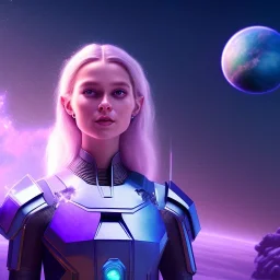 A portrait of a transparent crystalline girl,smiling, longs blond hairs, green eyes, galactic skirt, atmospheric, realistic, cinematic lighting, octane render, purple and blue sky, nebula, stars, planets in background, spaceship in background