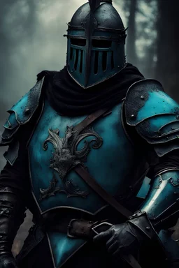 a knight with turquoise blue steam coming out of his eyes, teutonic helmet, dark armor, standing darkly on a medieval battlefield. intimidating, dark fantasy, blood in the armor, bad guy, damaged armor, plume on helmet