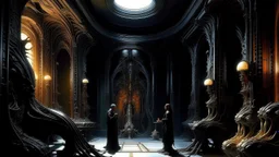 deconstructed interior with figures, (conception ), black walls, one point perspective, close up, rich colors, by HR Giger and Paul Lehr and Bruce Pennington and Stephan Martiniere and Lina Main Rubin and Pascal Blanché and Bastien Lecouffe Deharme