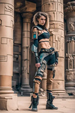 teen woman in retro-futurist cyberpunk costuming with pants leaning to the side with shoulder against a stone pillar of a Egyptian + cyberpunk post apocalyptic building, 2 swords in scabbards at hip