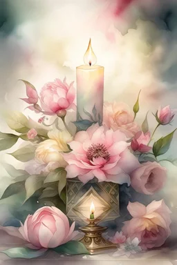 MAGIC A PYRAMID CANDLE IS BURNING AROUND WONDERFUL FLOWERS English watercolor, Smoky cream, pale gray, pale pink, pink background. bright light, a bouquet of roses on the table are pale pink, pale bordeaux, white, ochre. green stems, the light is translucent. Watercolor, fine ink drawing, peonies in an hourglass, elegant gold inlay, rich interior