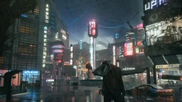 Cyberpunk district with giant foggy skyscarpers, cars, FoV: 100, HD, Unreal Engine 4, heavy rain, rainy streets reflection, neon signs, low contrast, grainy, less color, titanfall,