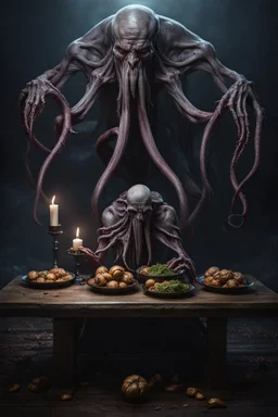 Undead mind flayer with three heads eating a corpse. full body shot. fantasy and horror setting, Cinematic lighting, Volumetric lighting, Epic composition, Photorealism, Very high detail, Character design, Unreal Engine, Octane render, HDR, Subsurface scattering, fantasy art,