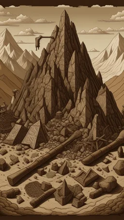 A brown mountain with hammers made out of stone designed in medieval tapestry