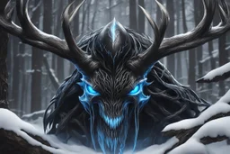 Venom Shadow symbiote in 8k realistic anime drawing style, Deer skull, non-eyes, blue neon crystal Antlers, dark fantasy snow forest, intricate details, highly detailed, high details, detailed portrait, masterpiece,ultra detailed, ultra quality